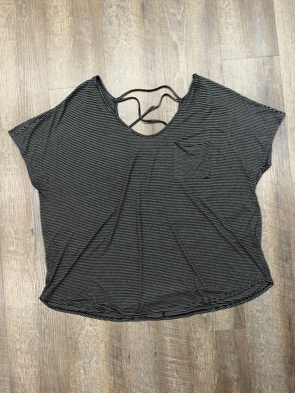 Plus size Faded Glory Black & White Striped Scoop Neck Tee with Crisscross Back